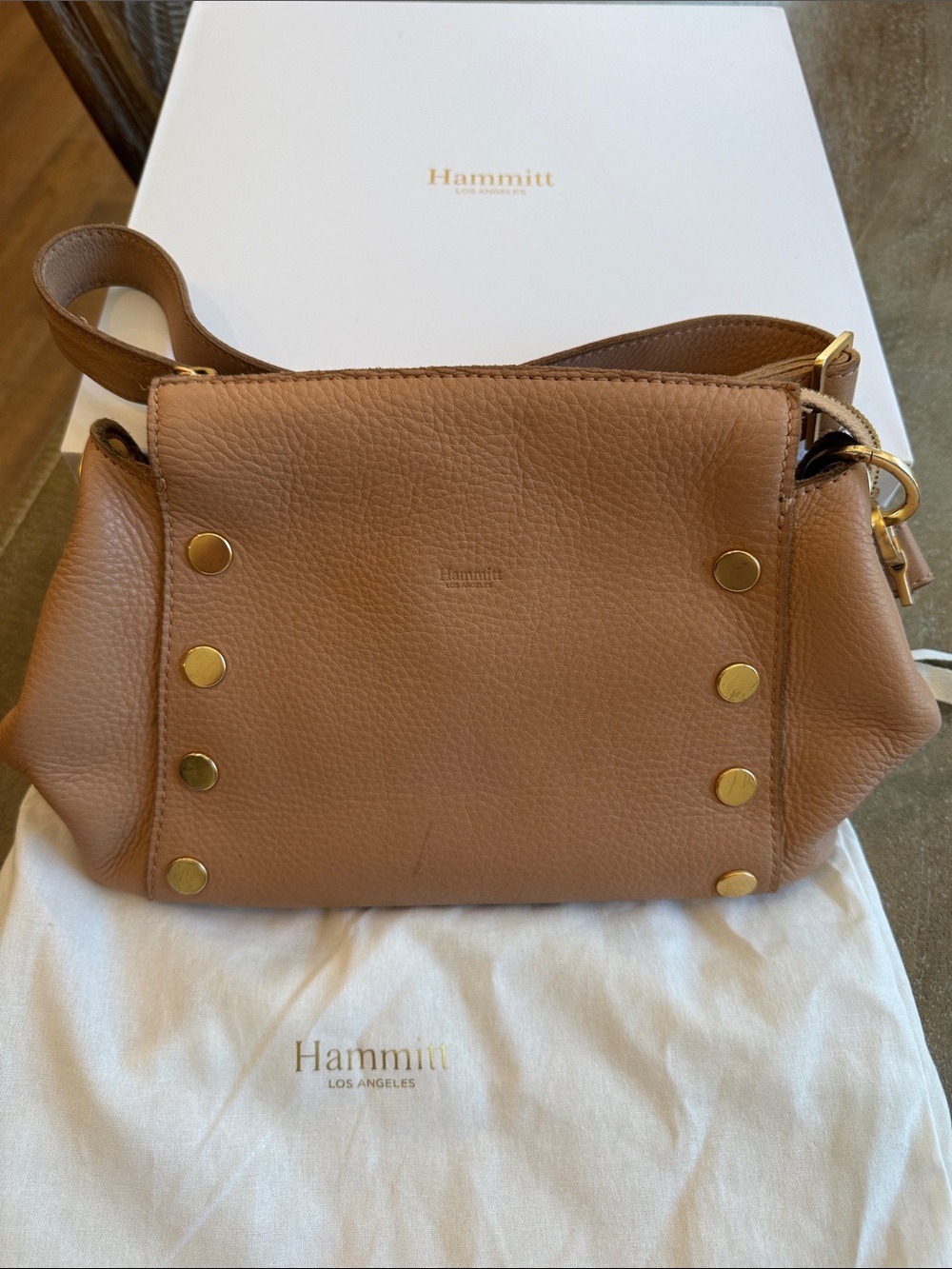 Hammitt Bryant Medium Pebbled Leather Crossbody Bag in Tan with Gold Hardware